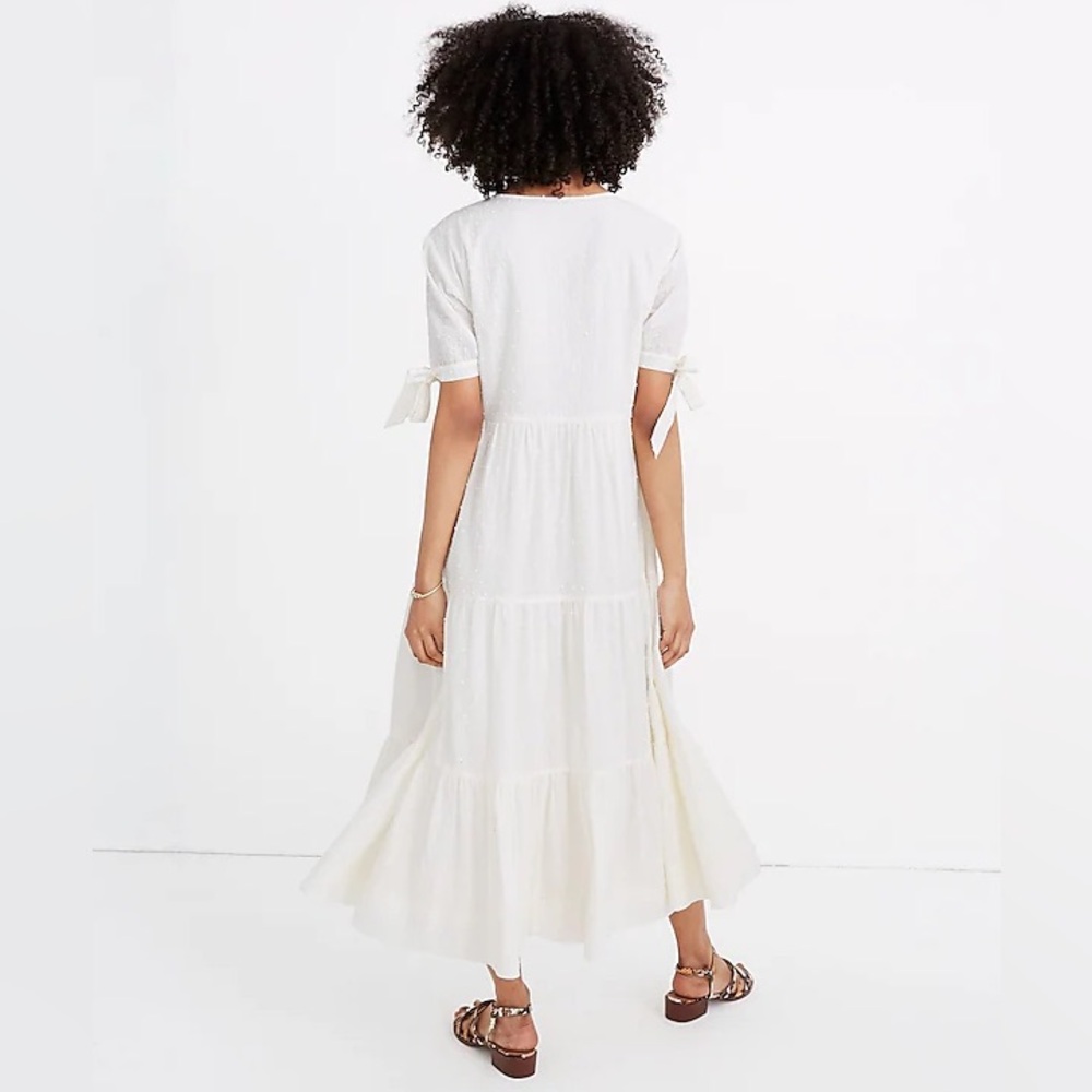 Madewell Petite Tie-Sleeve Tiered Midi Dress in Swiss Dot